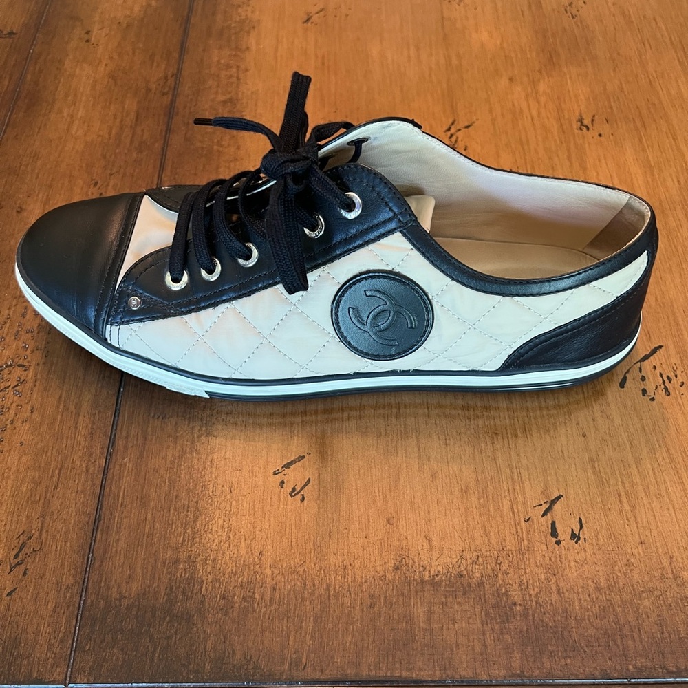 CHANEL Quilted Black and Cream Sneakers